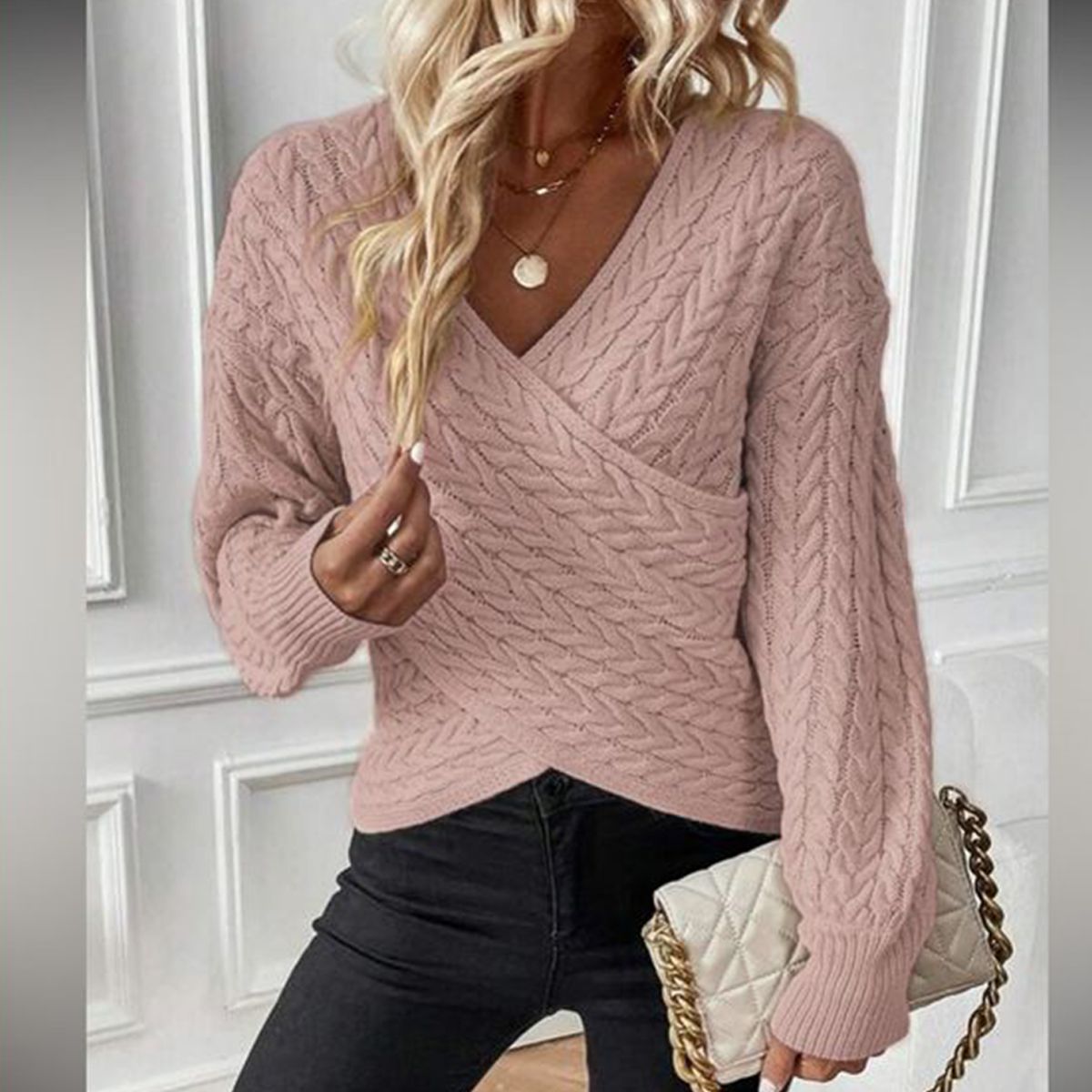 Eveloria Damen Pullover Rosa V-Ausschnitt - Eveloria