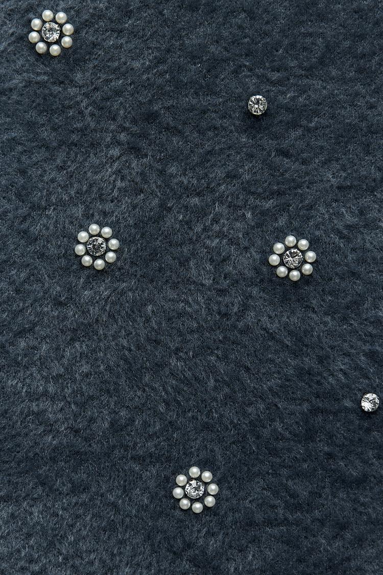 Damen Strick-Minikleid Perlen Gerüschter Saum