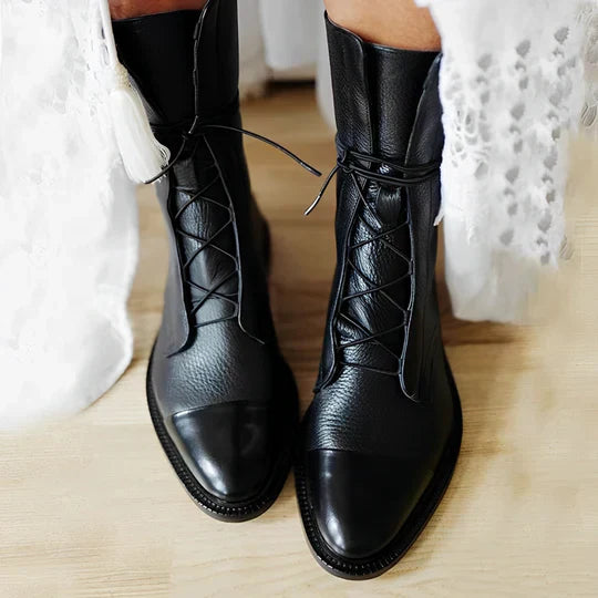 Damen Lederstiefeletten Schnürverschluss Kappenzehen Niedriger