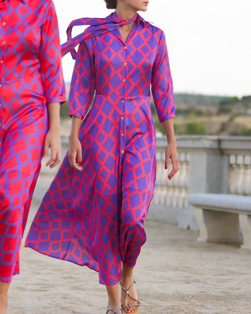 Damen Hemdkleid V-Ausschnitt 3/4 Ärmel