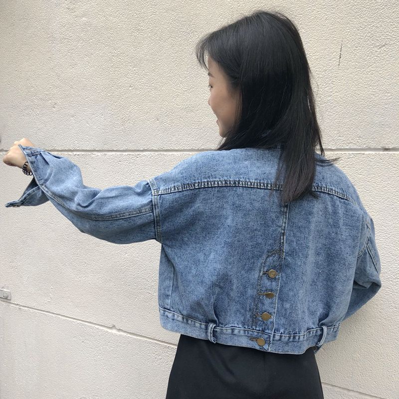 Damen Cropped Jeansjacke mit Taschen Blau Eveloria