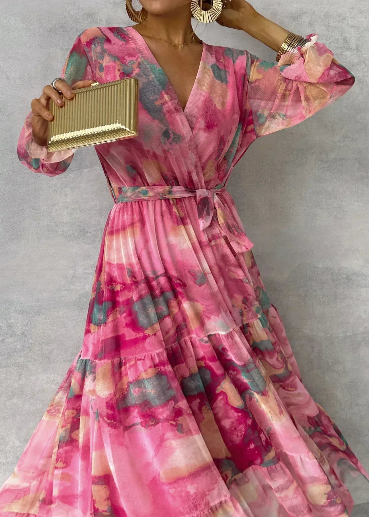 Damen Maxikleid Fließend Plissiert Blumenmuster