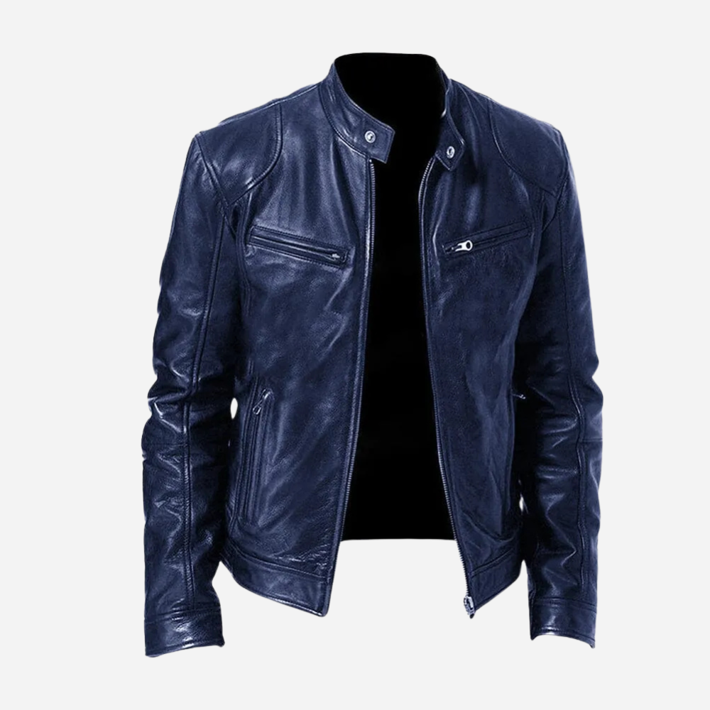 Herren Lederjacke Dunkelblau Bikerstil