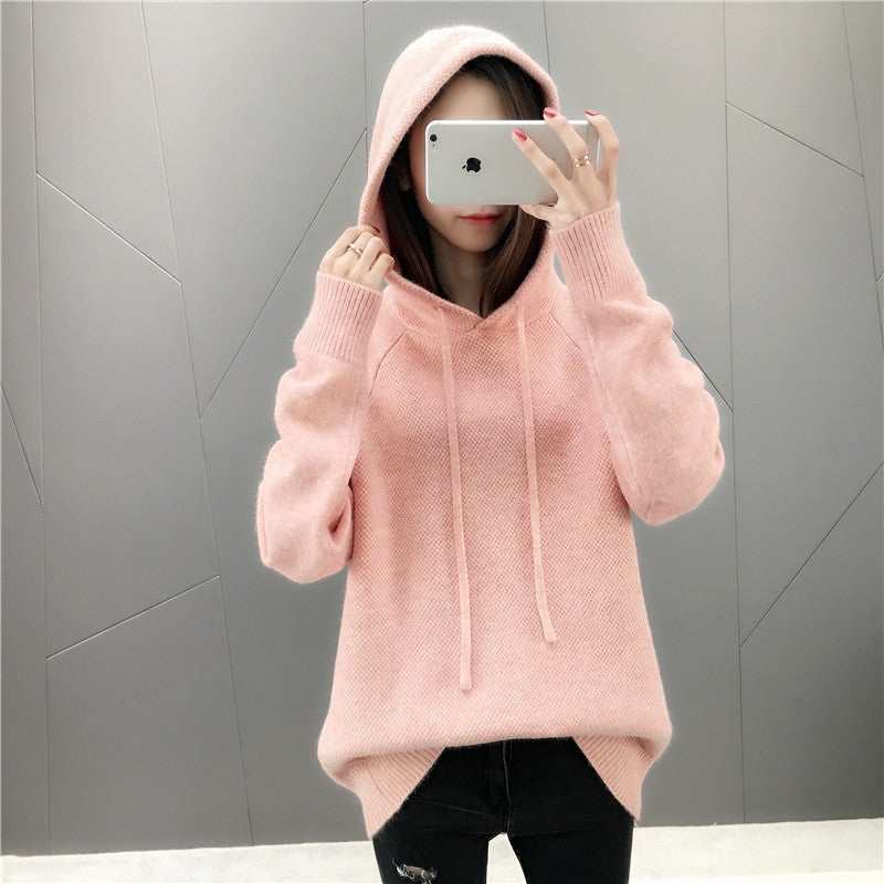 Damen Strickpullover Mit Kapuze Und Kordelzug