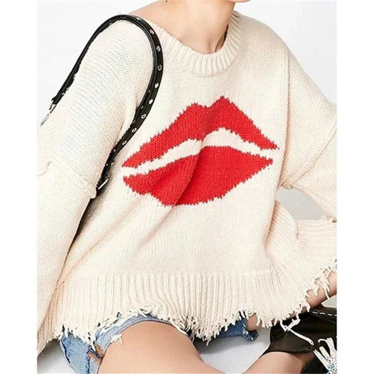 Eveloria Damen Oversized Pullover Wollstrick Lippenmotiv