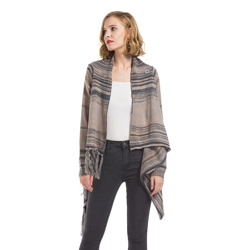 Damen Poncho mit Fransen Geometrisches Muster