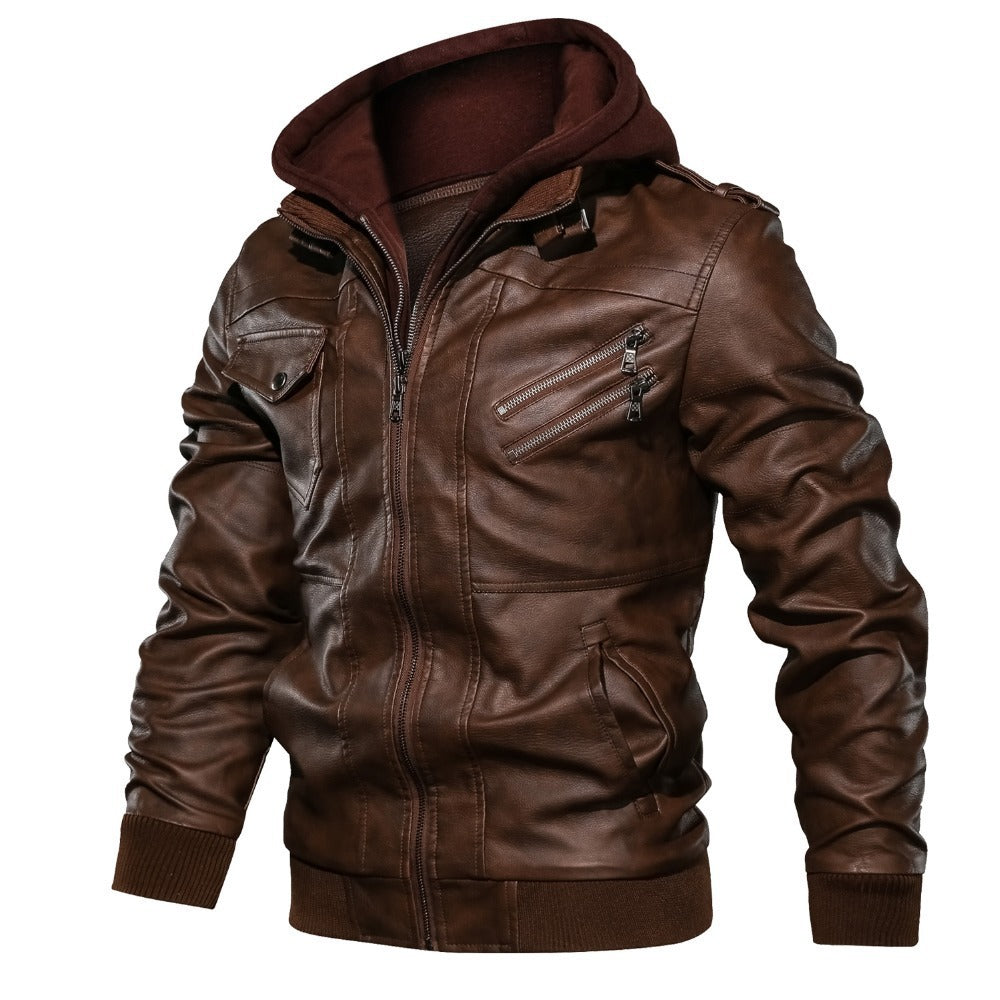 Herren Lederjacke Synthetisch Abnehmbare Kapuze