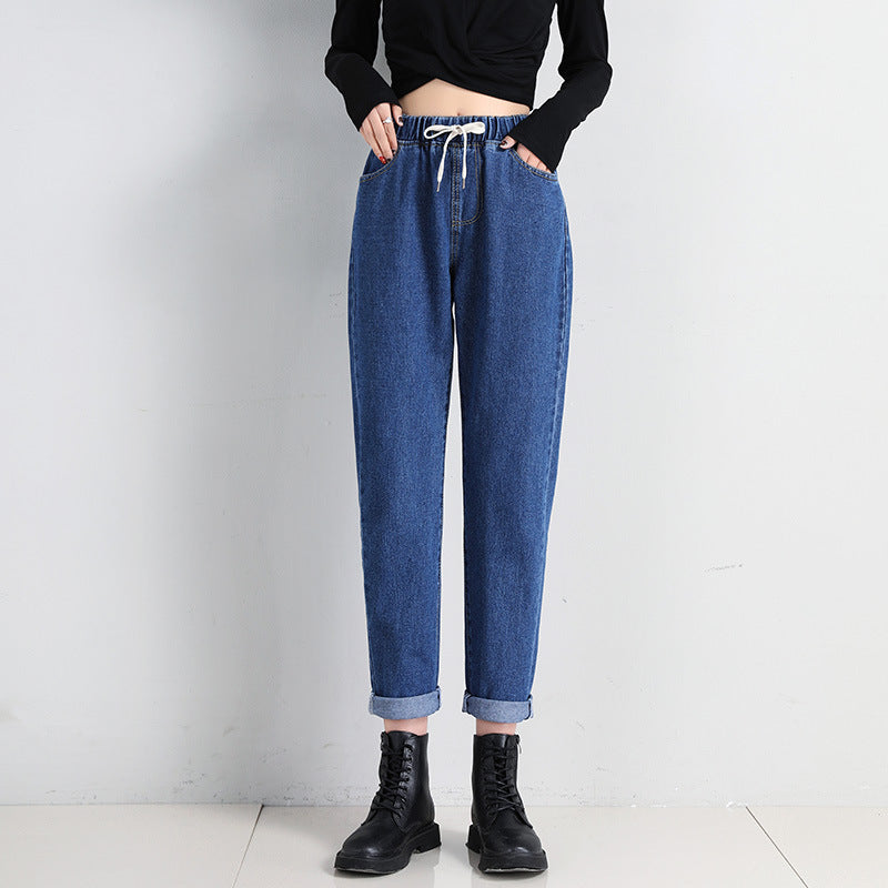 Damen Jeans Elastischer Bund Seitentaschen Blau Eveloria