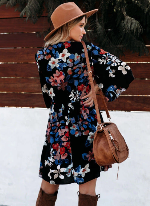 Damen Wickelkleid Boho-Stil Weite Ärmel Floralmuster