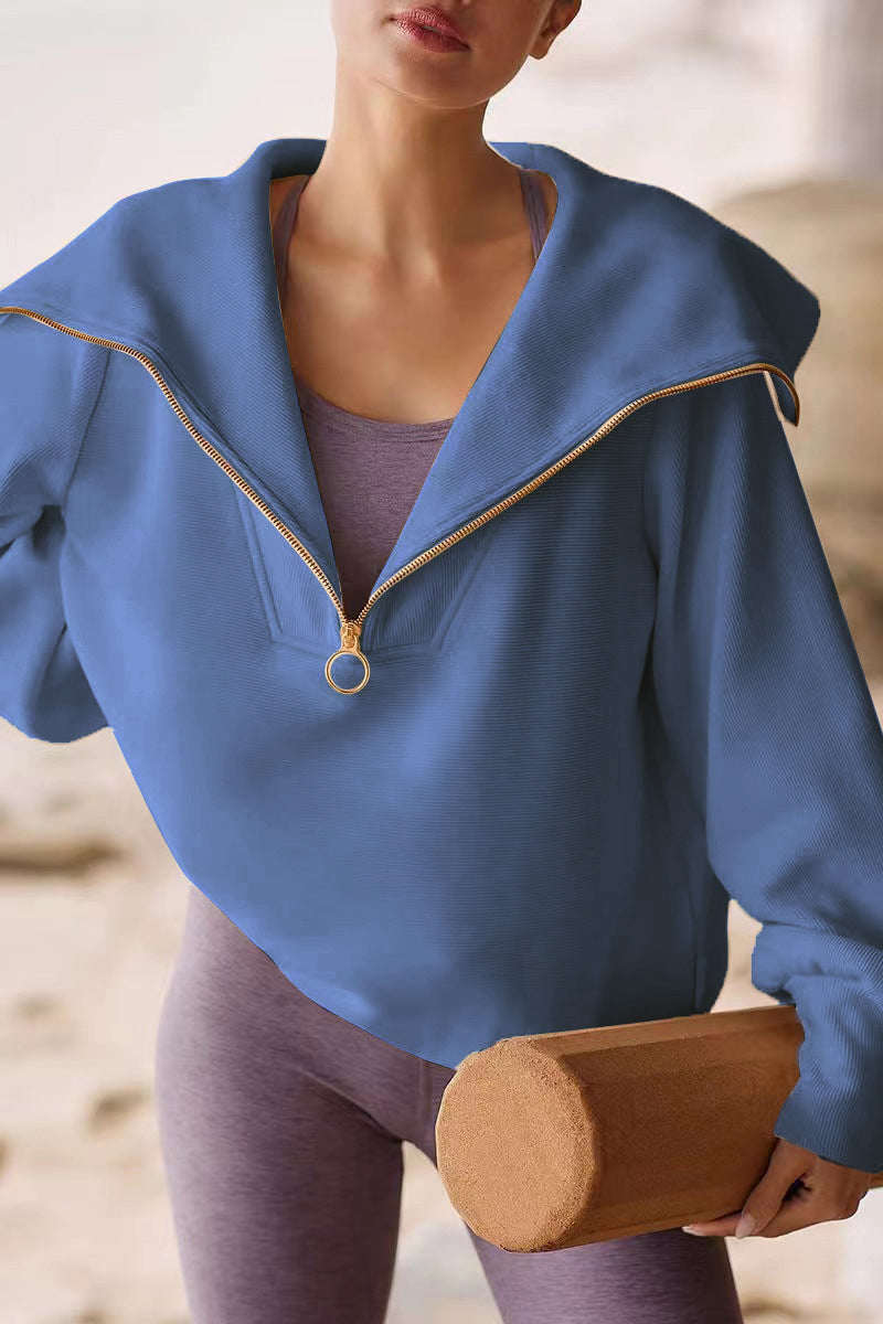 Eveloria Damen Pullover Umlegekragen Halbzipper Beige