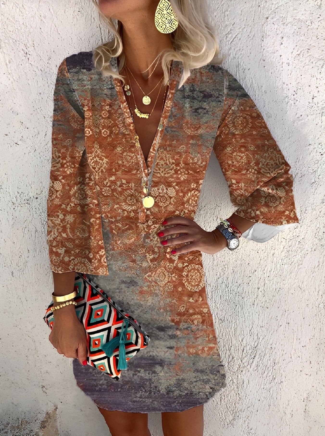 Damen Minikleid Boho-Stil Leicht Sommerlook Mehrfarbig