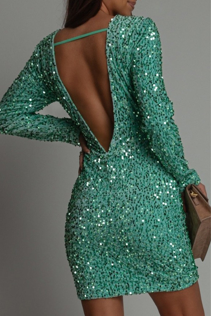 Damen Paillettenkleid Längsärmelig Elegant