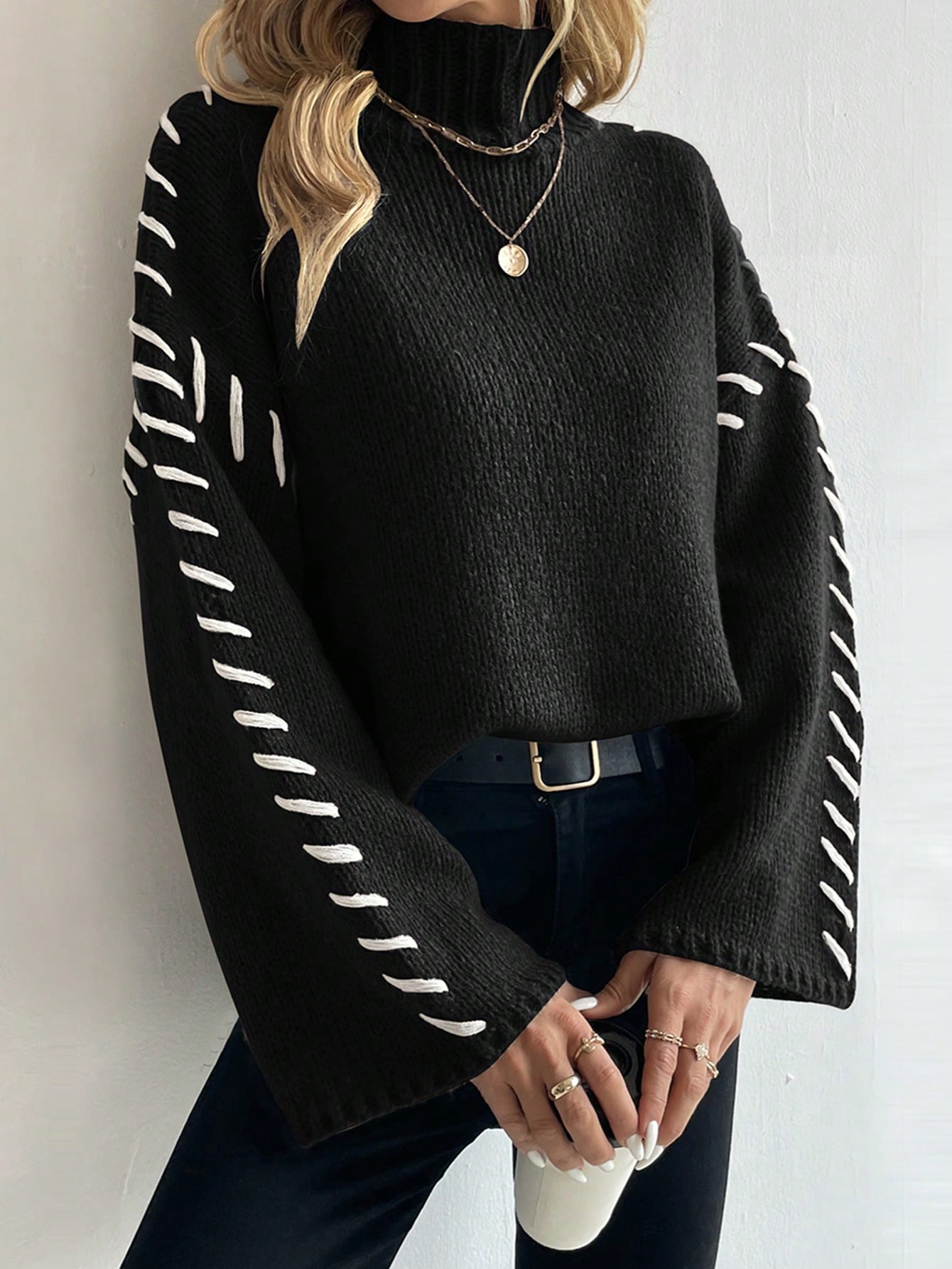 Eveloria Damen Strickpullover Patchwork Rollkragen Bunt