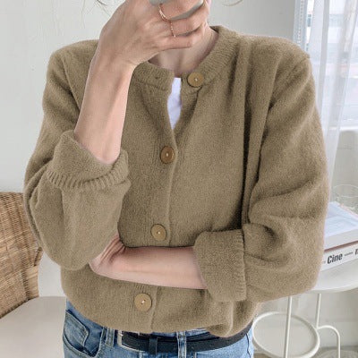 Damen Strickjacke Weich Dekorative Knöpfe Beige