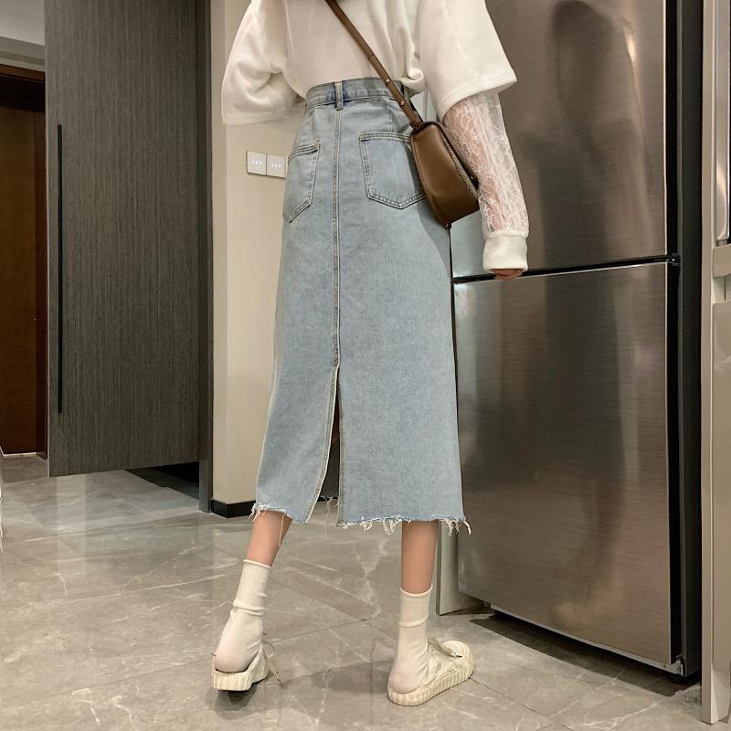 Damen Denim-Midi-Rock mit Fransen Saum Blau