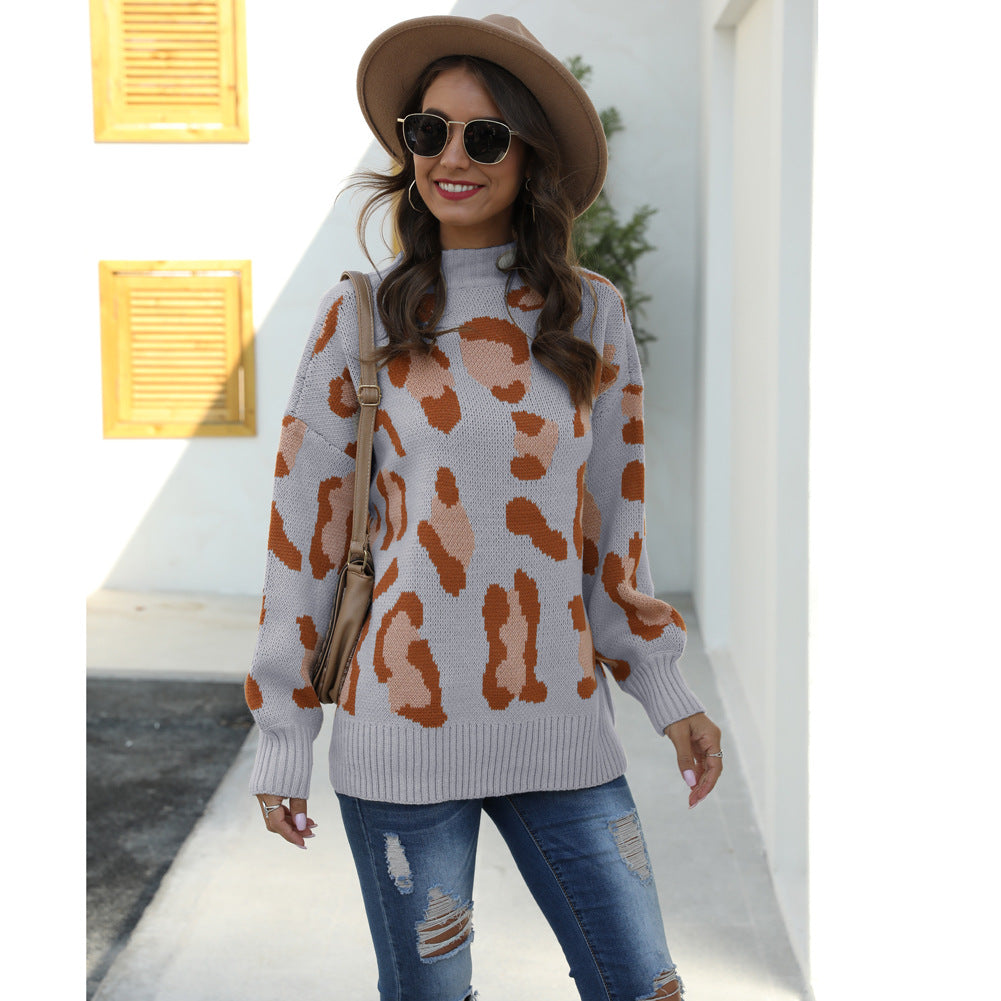 Damen Pullover Tierprint Hochkragen Grau Eveloria