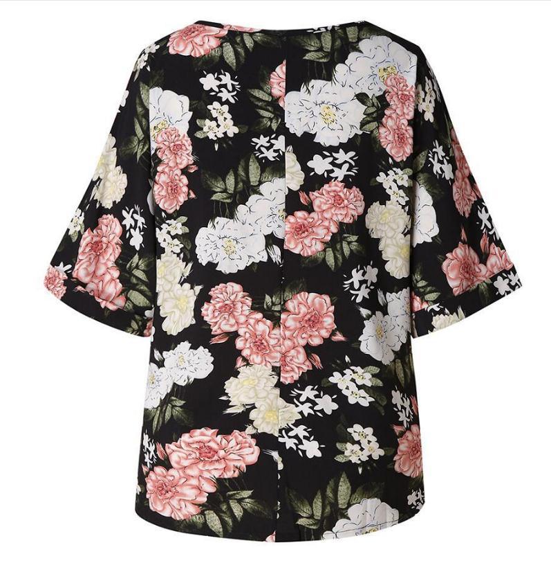 Damen T-Shirt Blumendesign V-Ausschnitt Locker Eveloria