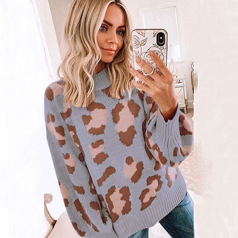 Eveloria Damen Oversized Sweater Wollmischung Leopardenmuster Rundhals