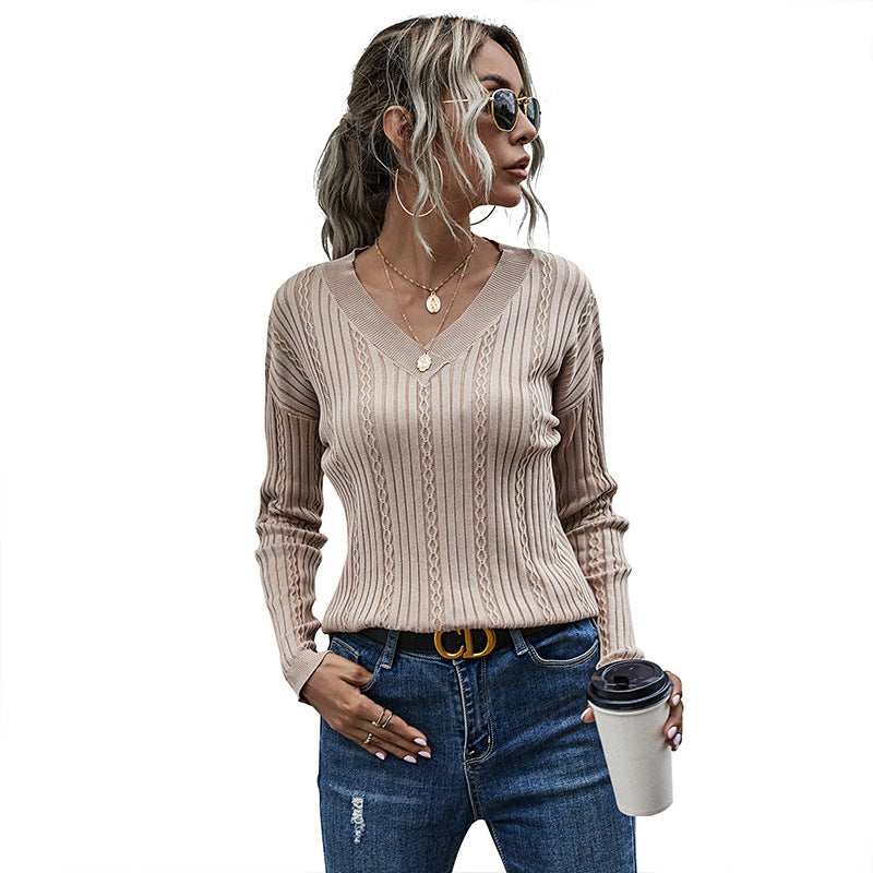 Damen Strickpullover V-Ausschnitt Rippenmuster Eveloria