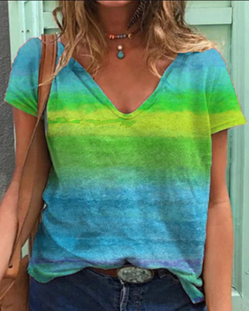Damen T-Shirt V-Ausschnitt Regenbogenmuster Leicht
