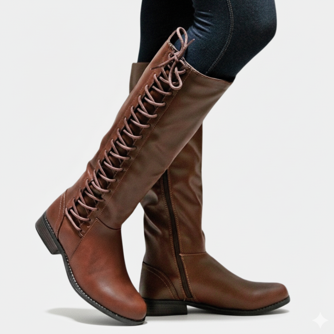 Damen Kniehohe Stiefel Kunstleder Kreuzschnürung