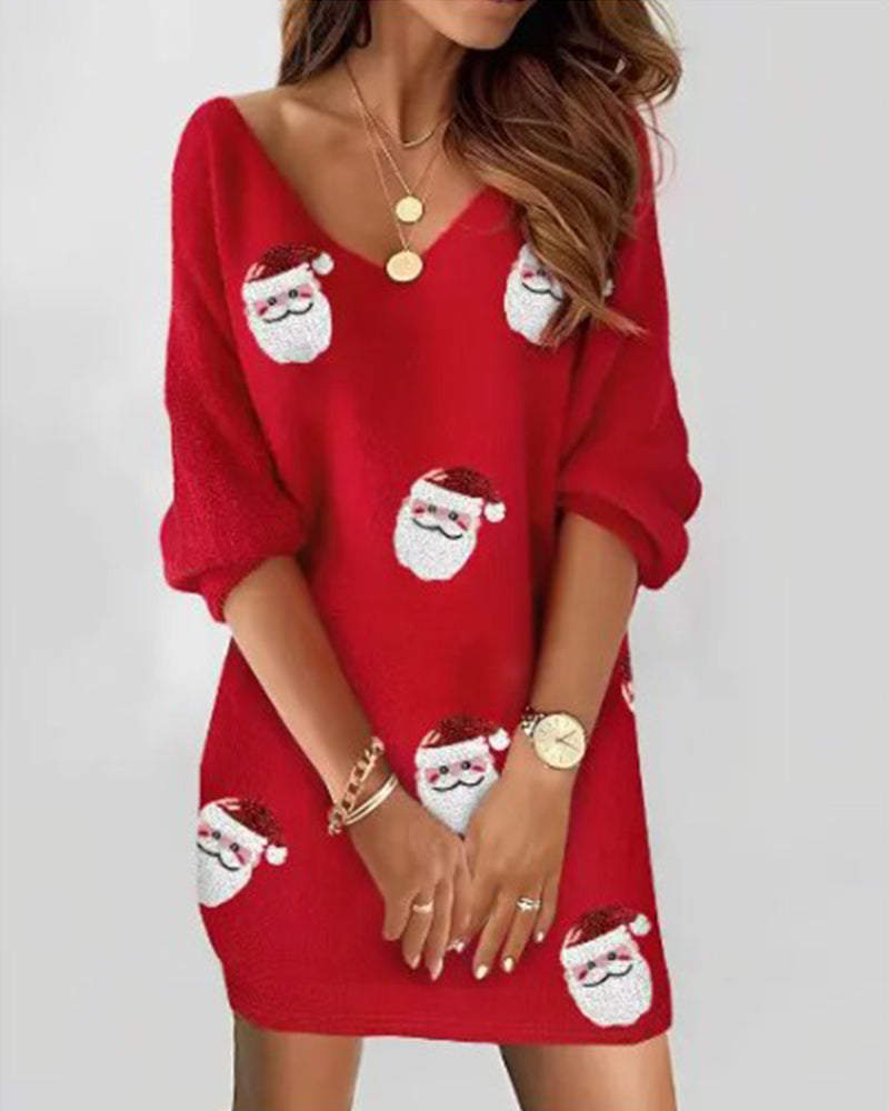 Damen Weihnachtspullover-Kleid Weihnachtsmann-Print Rot - Eveloria