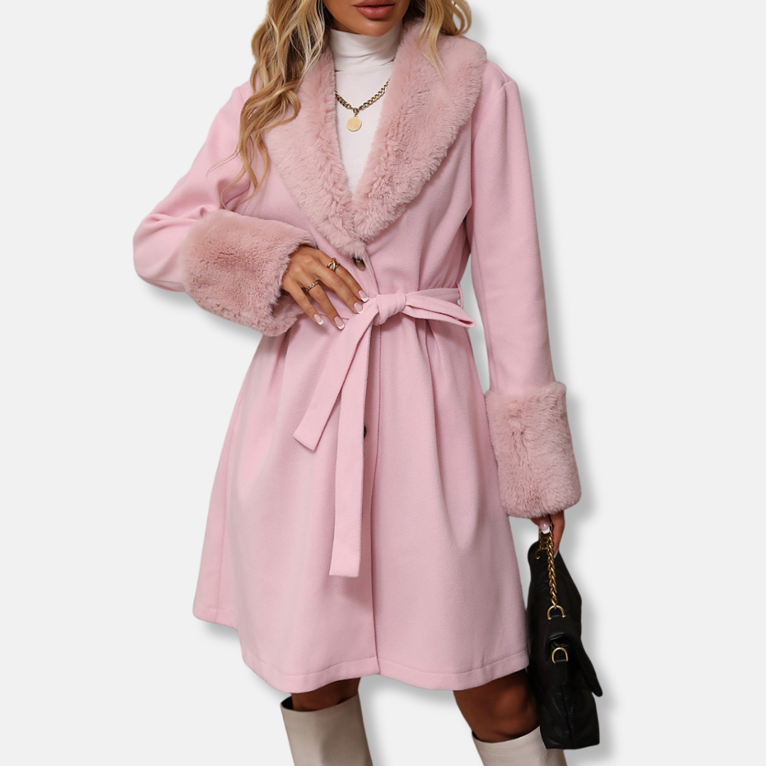 Damen Trenchcoat Taillierte Passform Fellkragen Mittellang