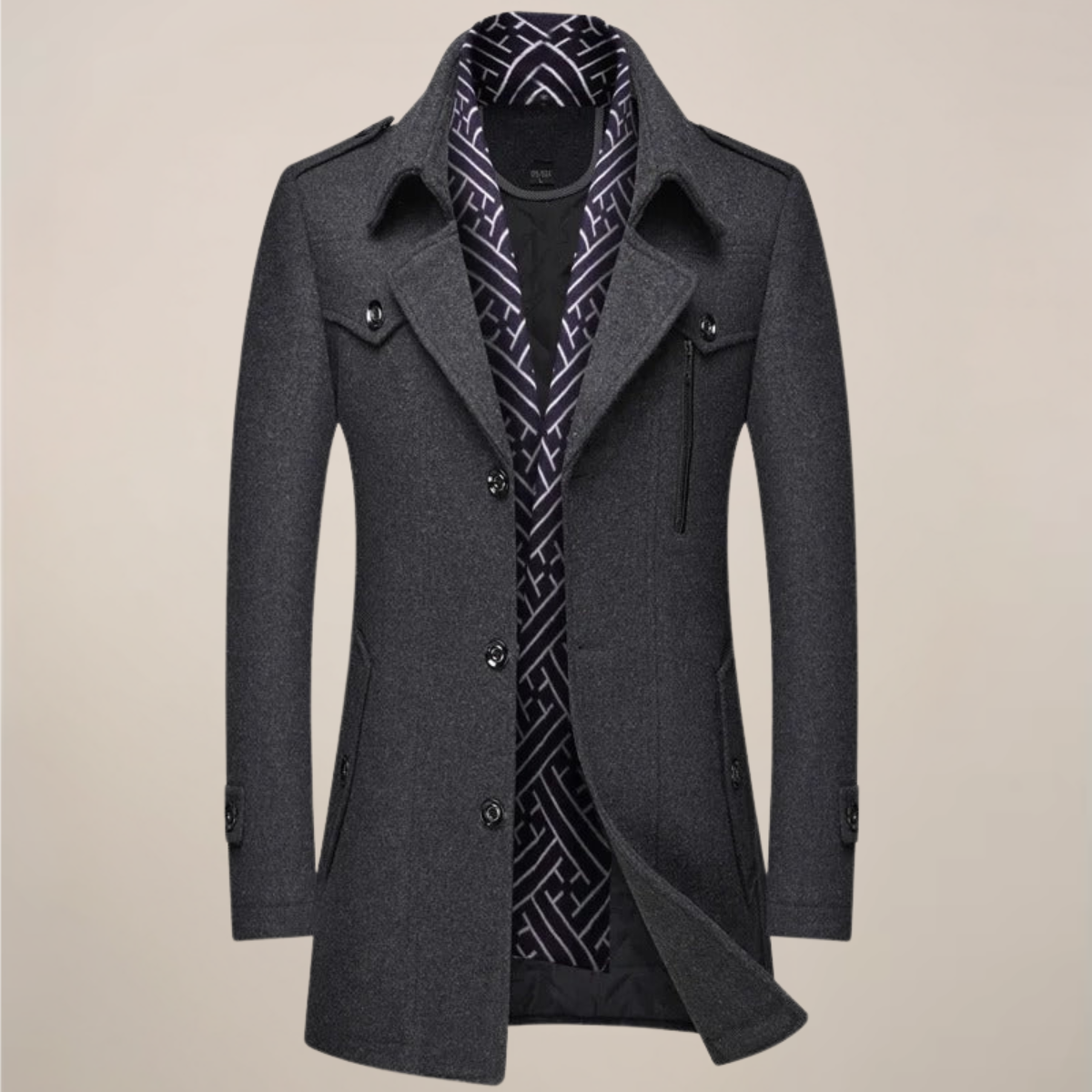 Herren Wintermantel Lang Knopfleiste Woll-Look