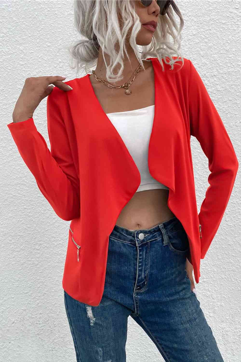 Damen Cardigan Offener Reißverschluss Taschen Kaschmir Beige