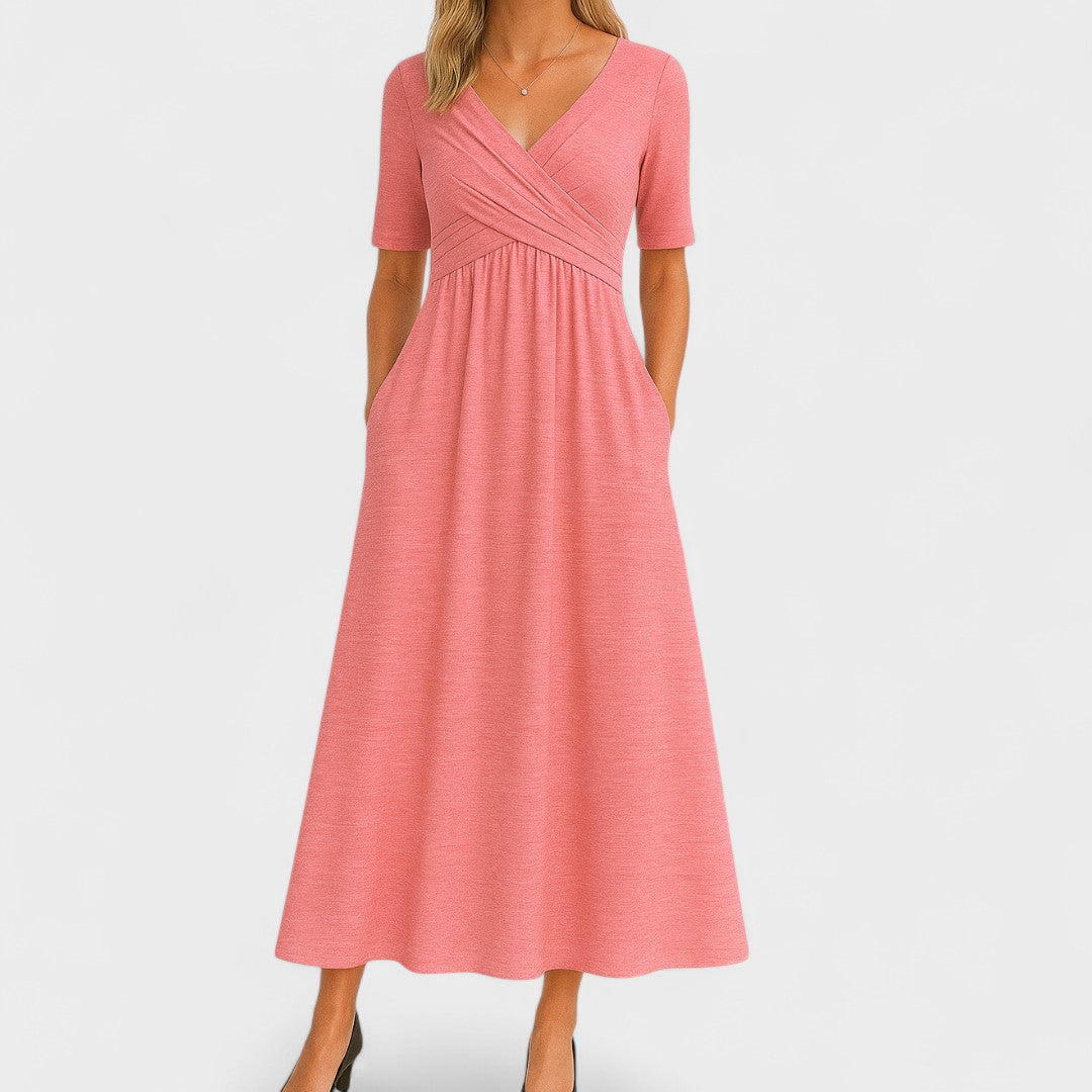 Damen Maxi Kleid V-Ausschnitt Kurzarm