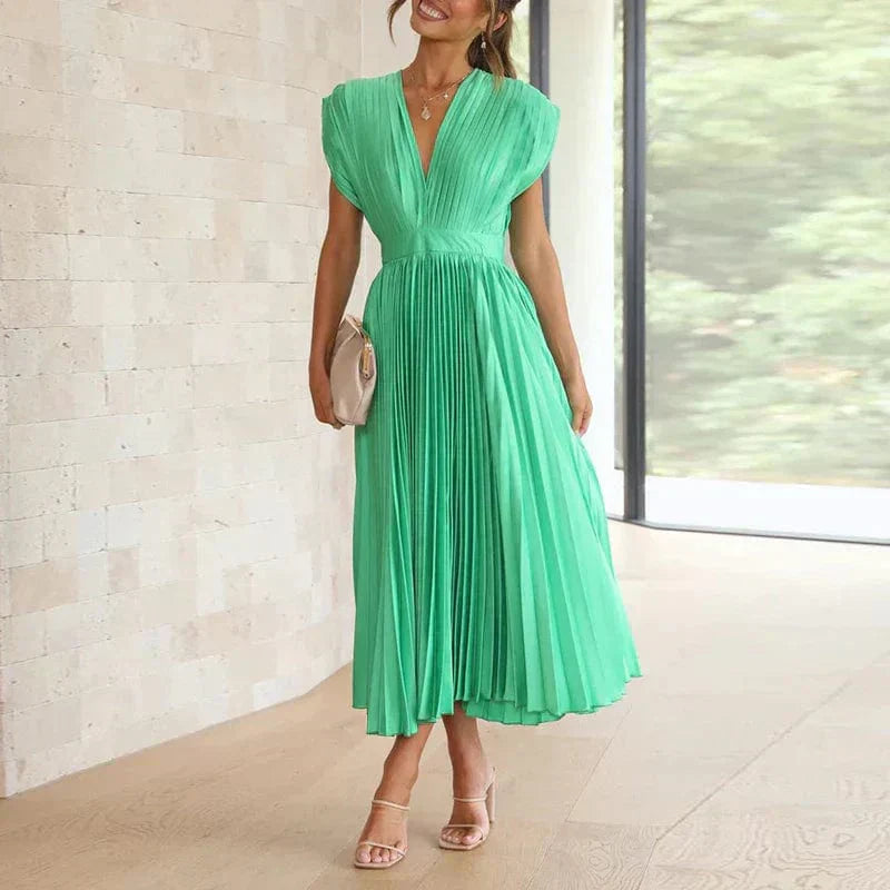 Damen Abendkleid Plissiert V-Ausschnitt Elegantes Fließendes Kleid