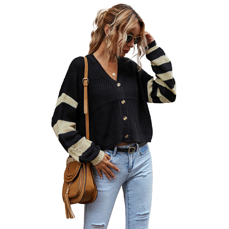 Damen Strickcardigan mit Streifen Ärmeln und Knöpfen