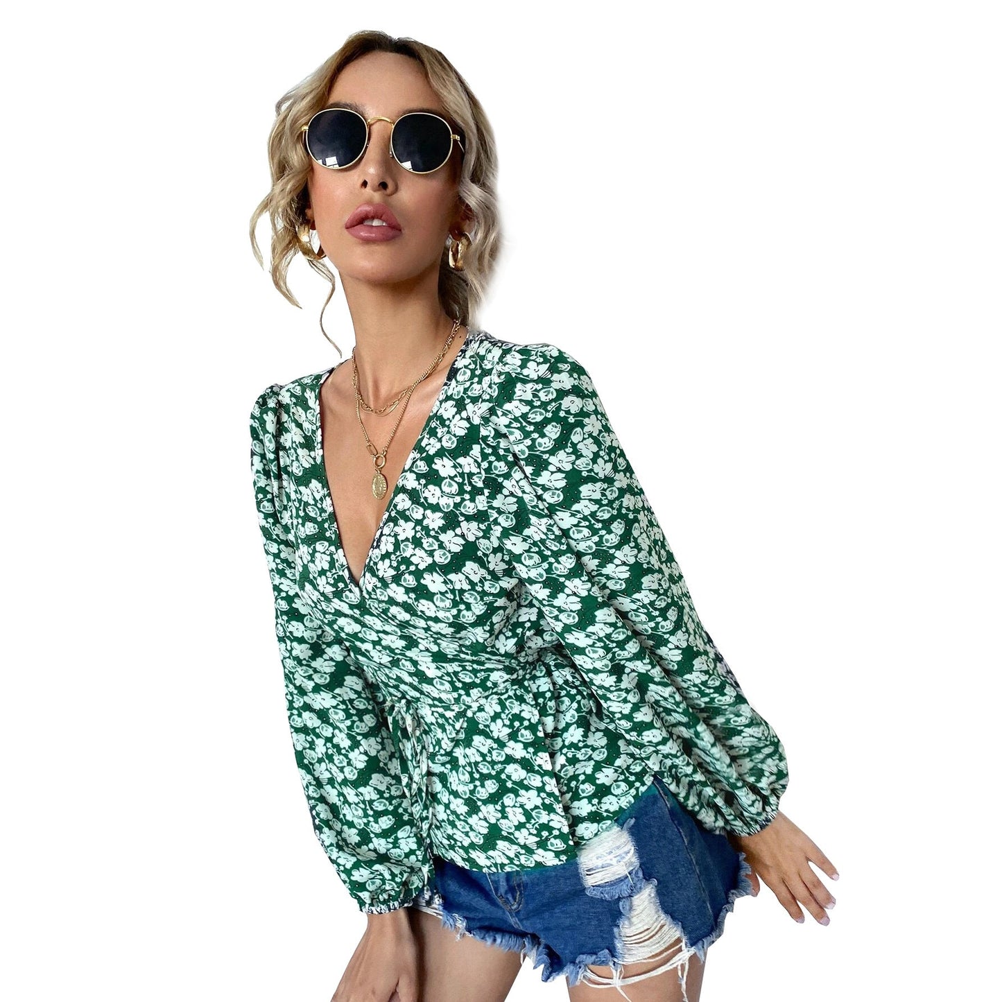 Damen Wickelbluse Floralmuster Puffärmel