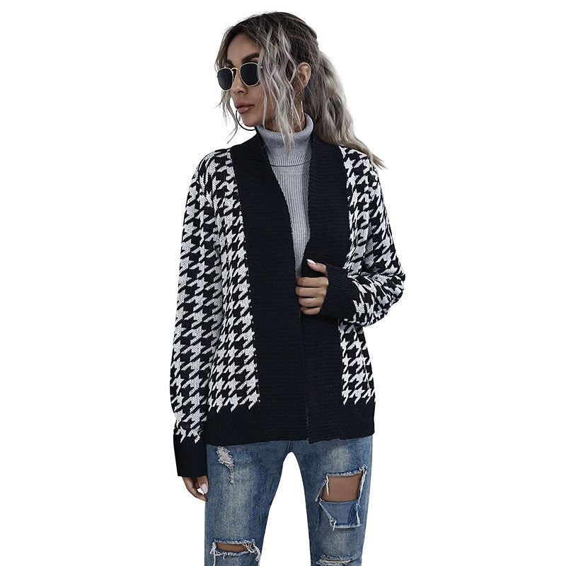 Damen Strickjacke Karomuster Taillengurt