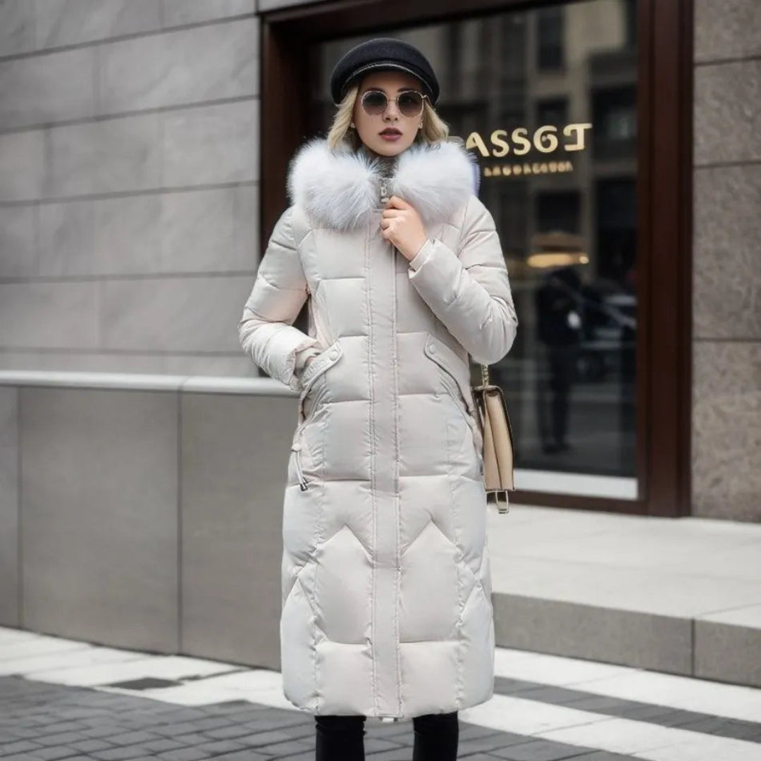 Damen Winterjacke mit Kapuze und Fellbesatz Lang