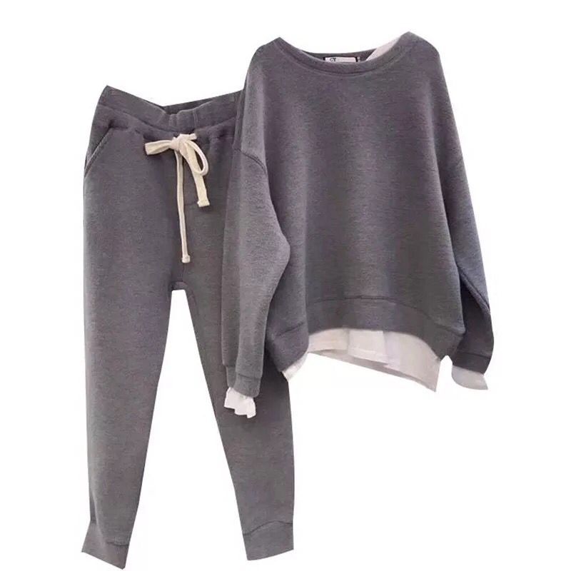 Damen Freizeitsport-Set Oversized-Pullover Jogginghosen Grau