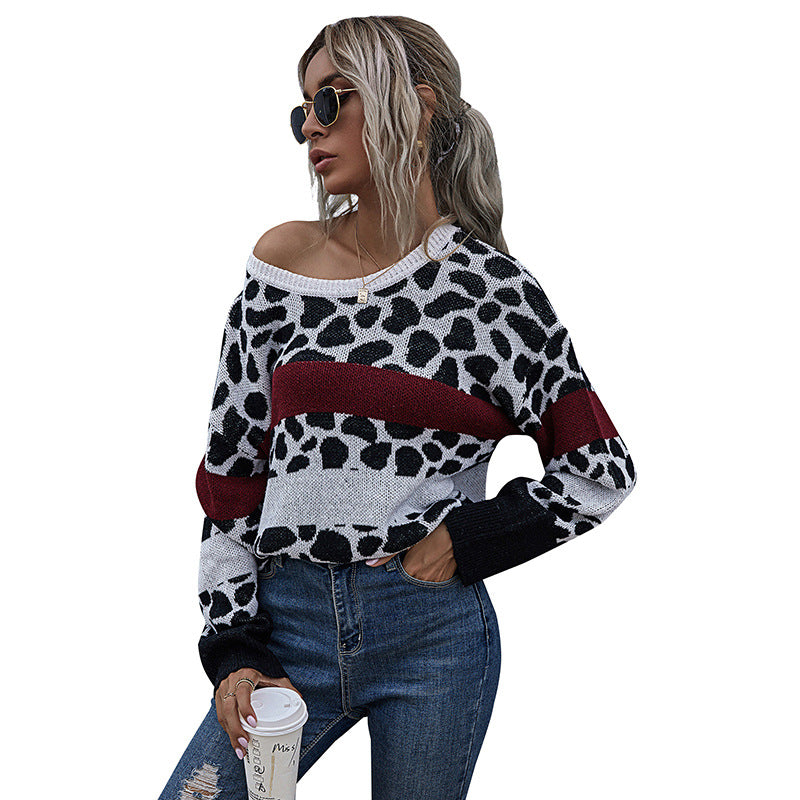 Damen Pullover Lässig Leo-Muster Blockstreifen