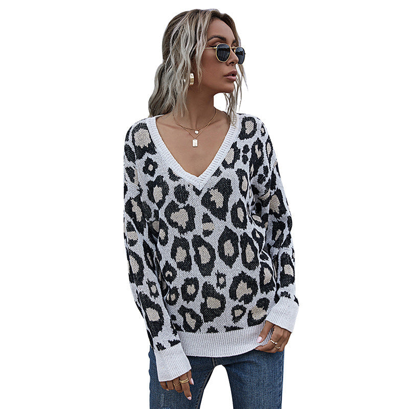 Damen Pullover Leopardenmuster V-Ausschnitt