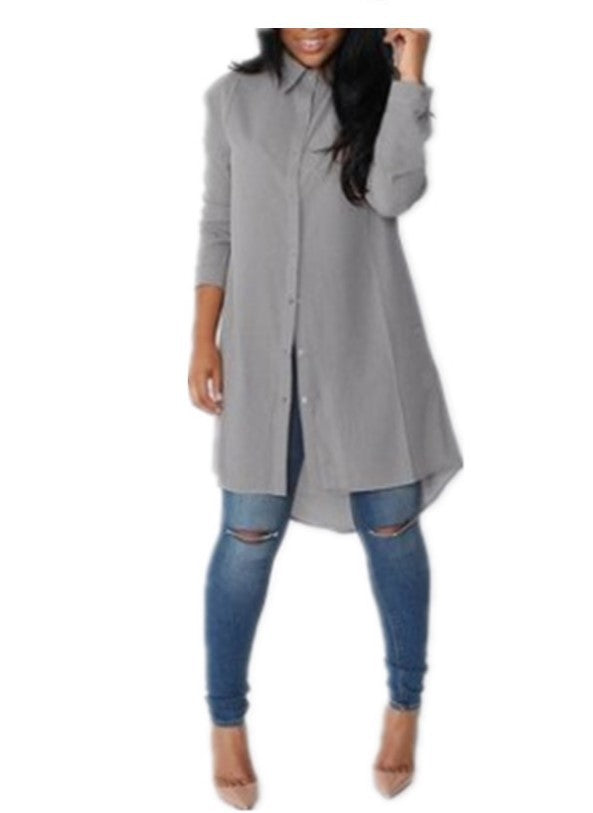 Damen Langarmkleid Asymmetrischer Saum Elegante Knöpfe Eveloria