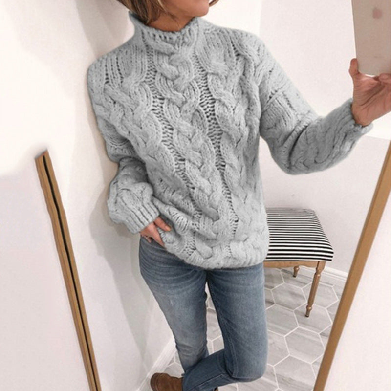 Damen Strickpullover Zopfmuster Hochkragen Eveloria