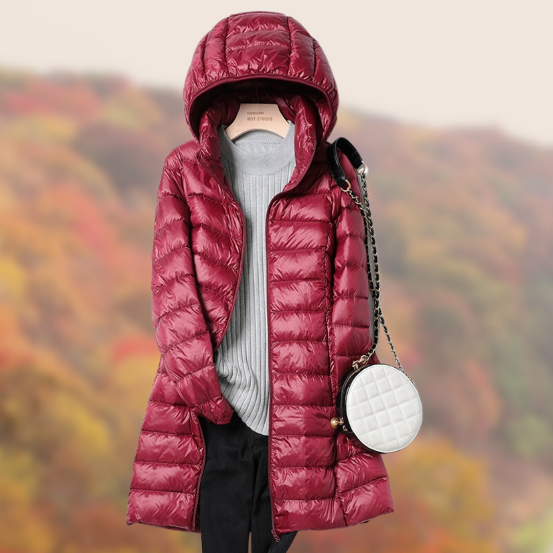 Damen Steppjacke Lang Glänzend Mit Kapuze