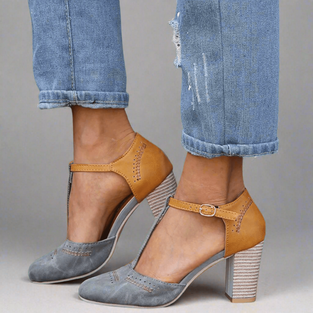 Damen Kleiderschuhe T-Riemen Blockabsatz