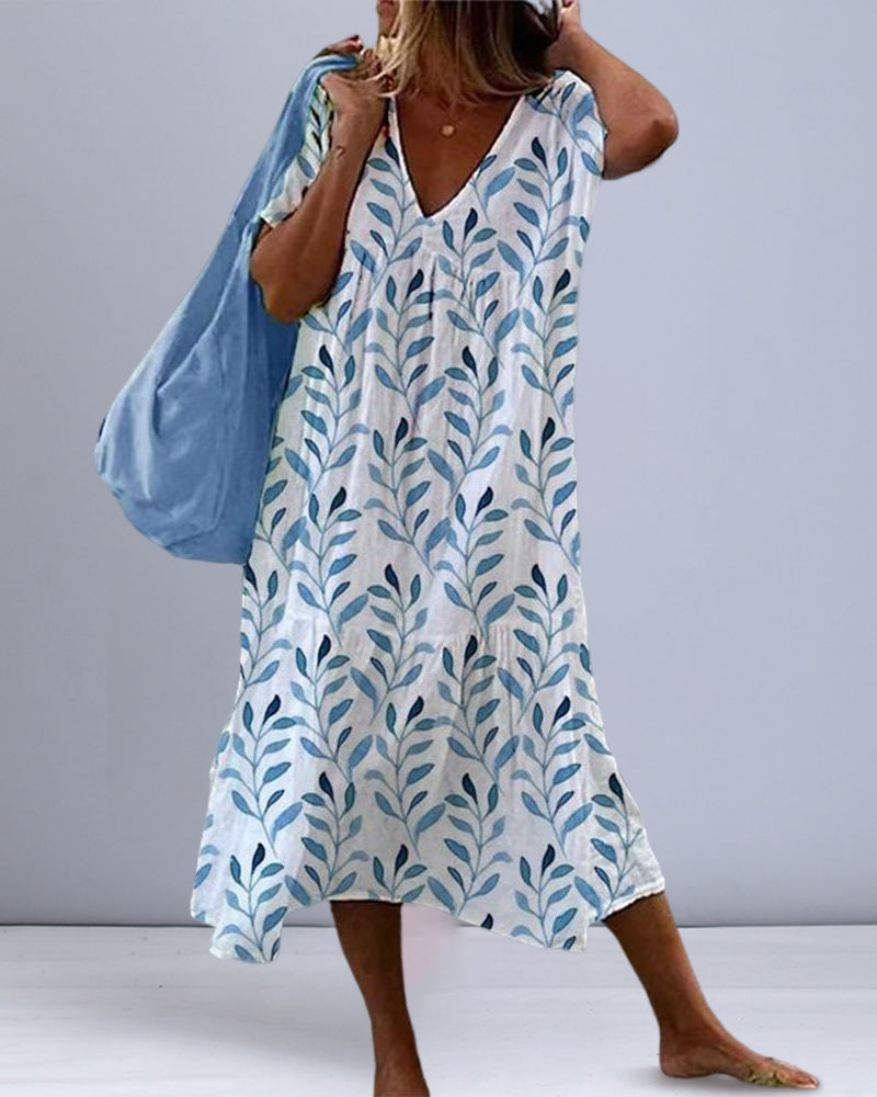 Damen Sommerkleid V-Ausschnitt Blätterprint Midi - Eveloria