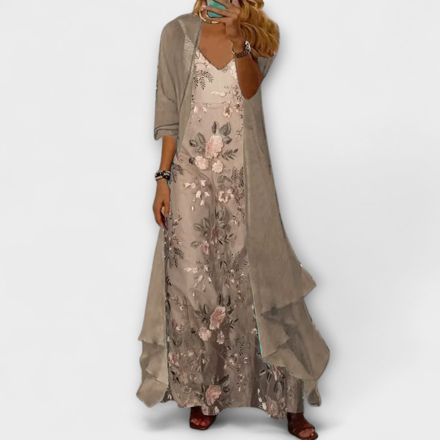 Damen Maxi Kleid Blumenmuster V-Ausschnitt Geschichtet Eva - Eveloria