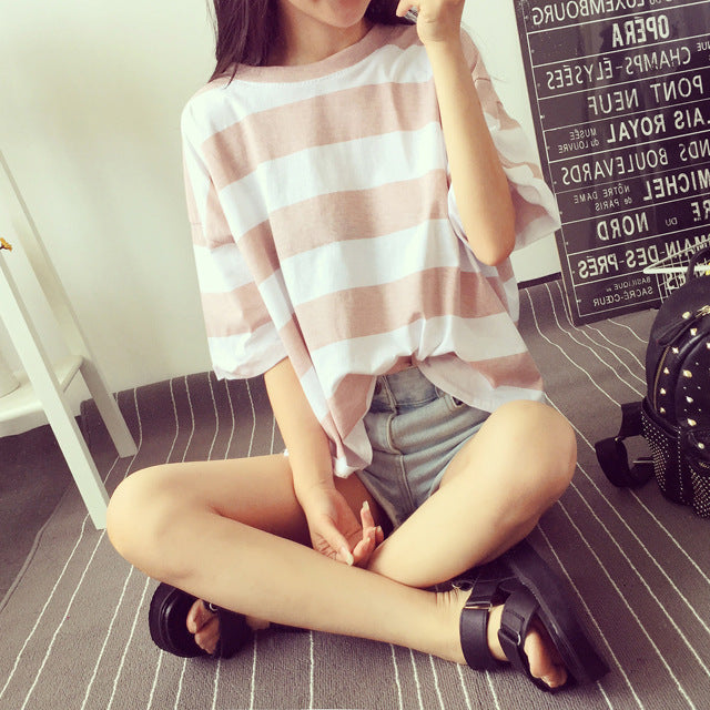 Damen Oversize-T-Shirt Baumwollmix Streifen Leicht Beige