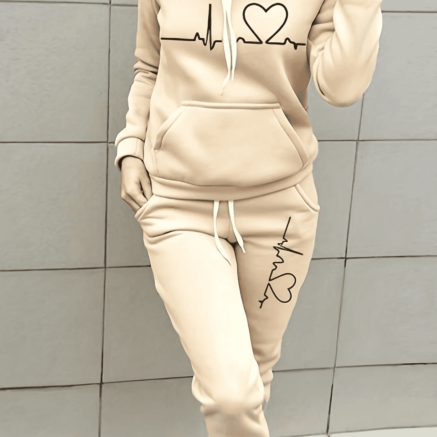 Damen Winter Hoodie Jogginghose Set Herzschlagmotiv