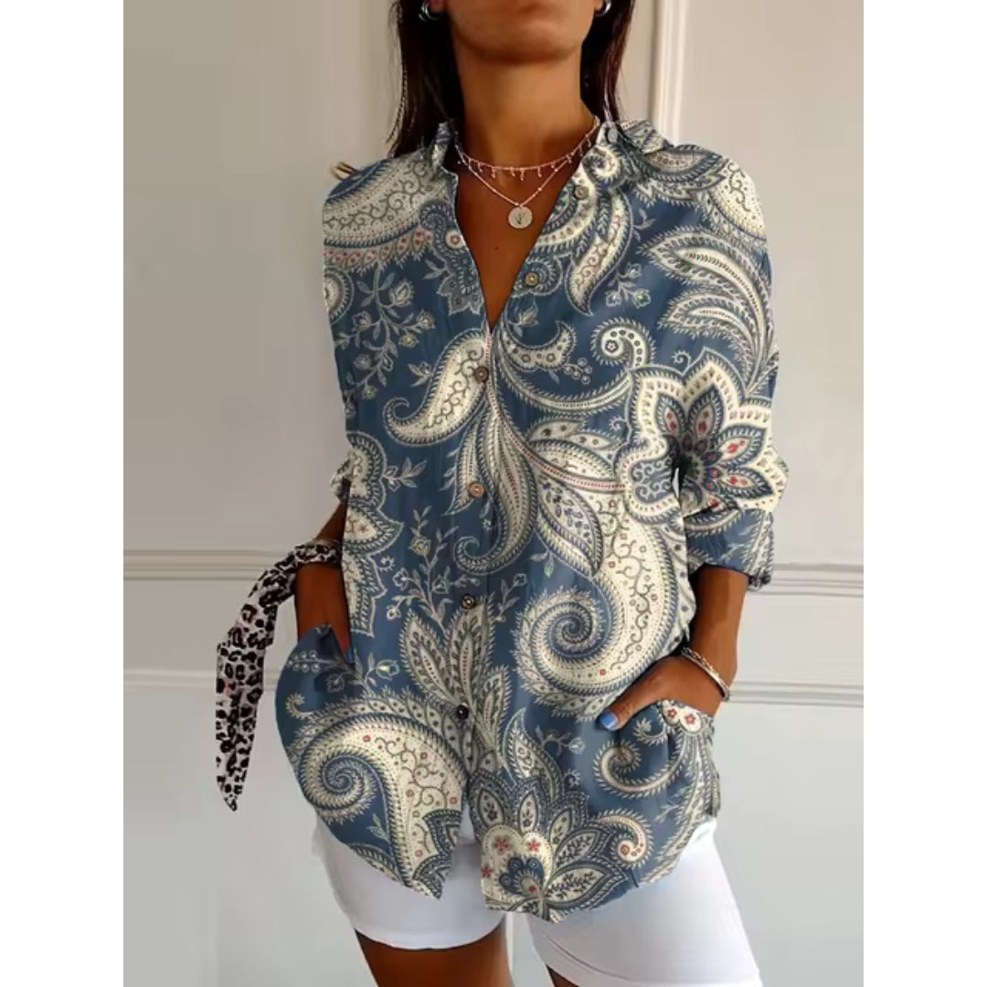 Damen Blumenbluse Knopfleiste Lange Ärmel Luftig
