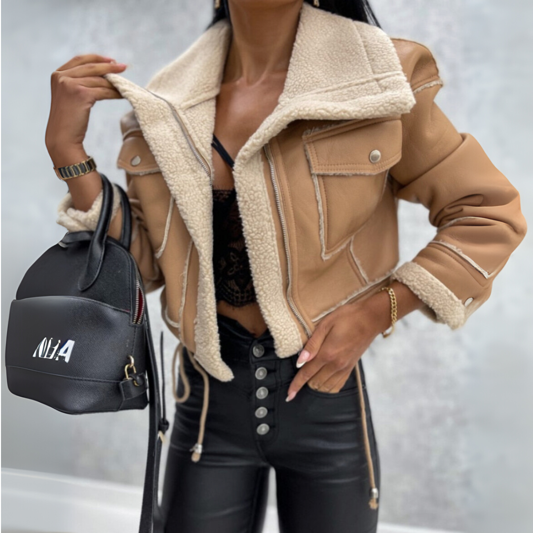 Damen Bikerjacke Kurz Leder Reißverschluss