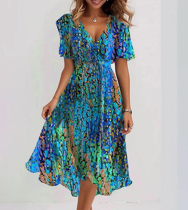 Eveloria Damen Midi Kleid Blau Kurzärmelig - Eveloria