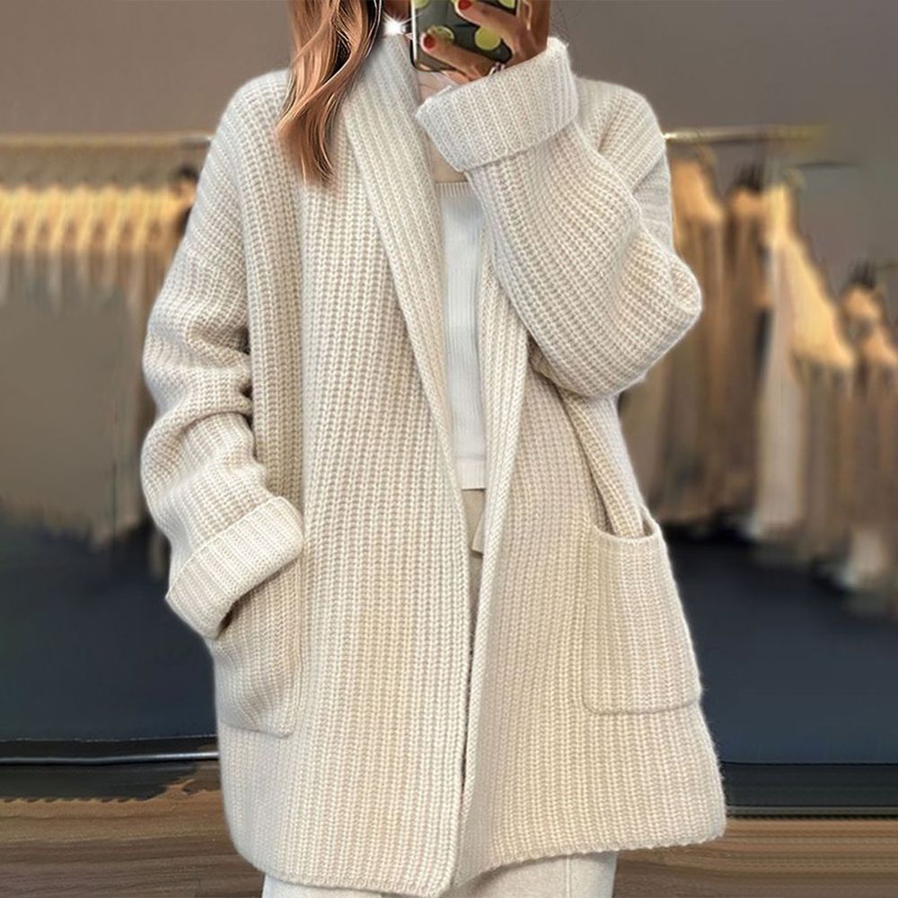 Damen Strickjacke Lang Langhaarig Braun Beige
